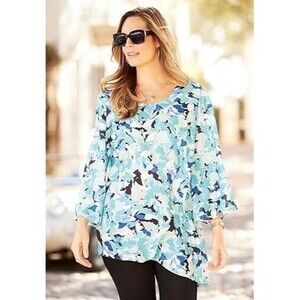 Catherines asymmetrica popover top Plus Size 6X aqua blue floral georgette tunic
